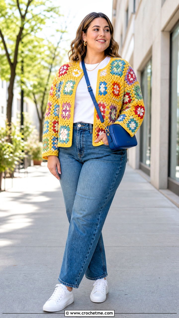 Granny Square Crochet Jacket With Straight Leg Jeans - 35 easy crochet jacket outfit ideas