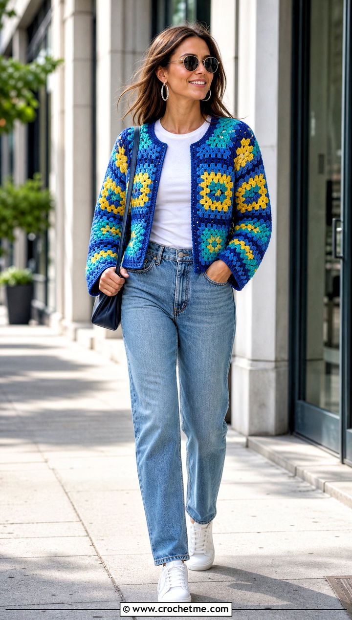 Granny Square Crochet Jacket With Straight Leg Jeans - 25 crochet jacket for women outfit ideas
