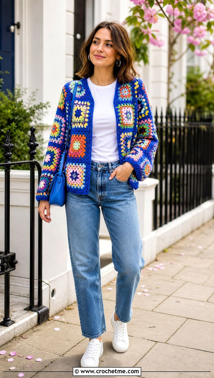 Granny Square Crochet Jacket With Straight Leg Jeans - 15 crochet jacket for beginners outfit ideas