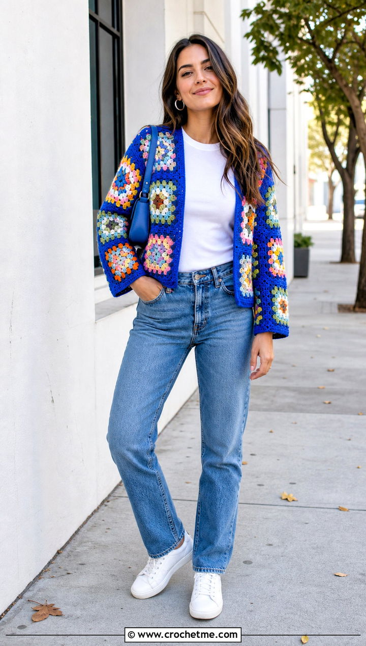 Granny Square Crochet Jacket With Straight Leg Jeans - 20 crochet jacket for ladies outfit ideas