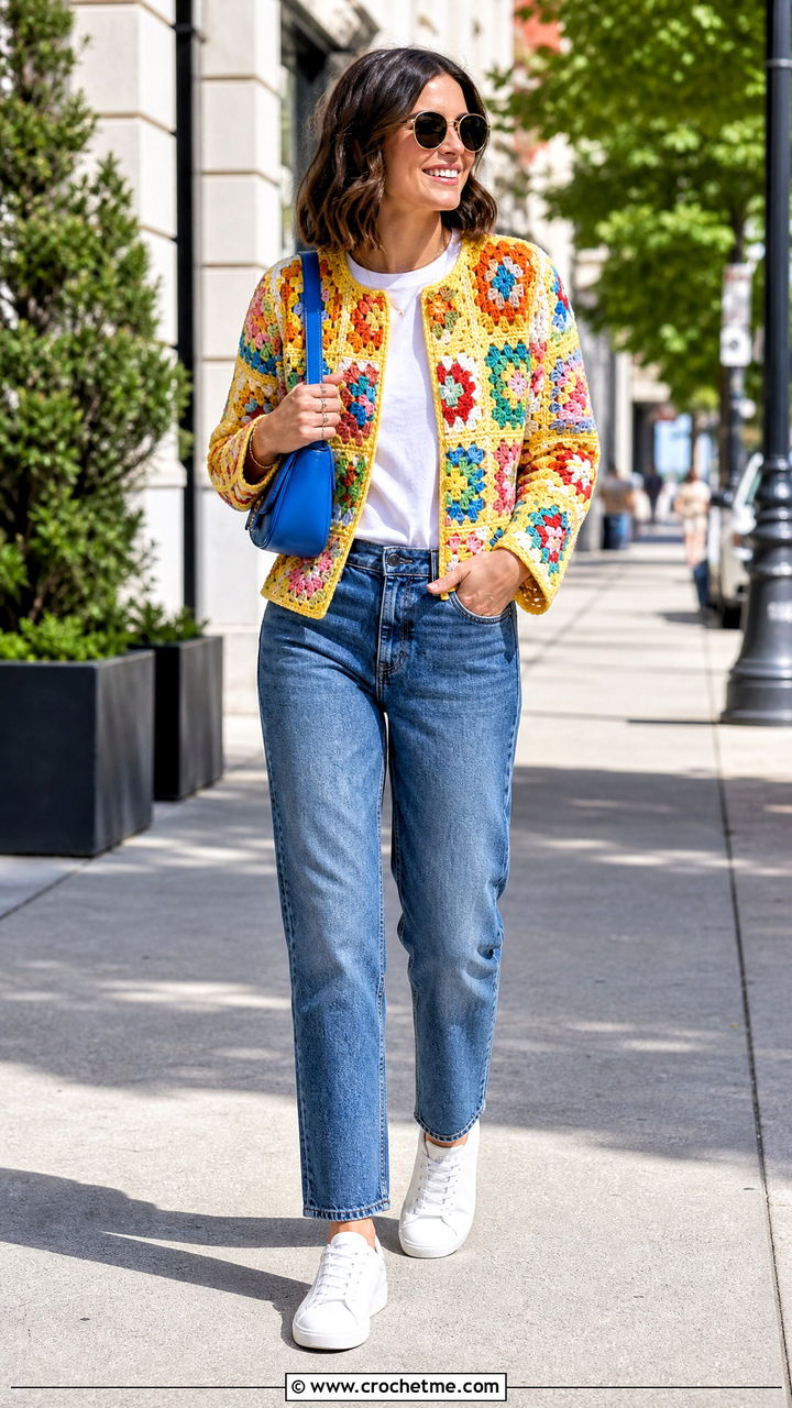 Granny Square Crochet Jacket With Straight Leg Jeans - 35 crochet coats & jackets outfit ideas