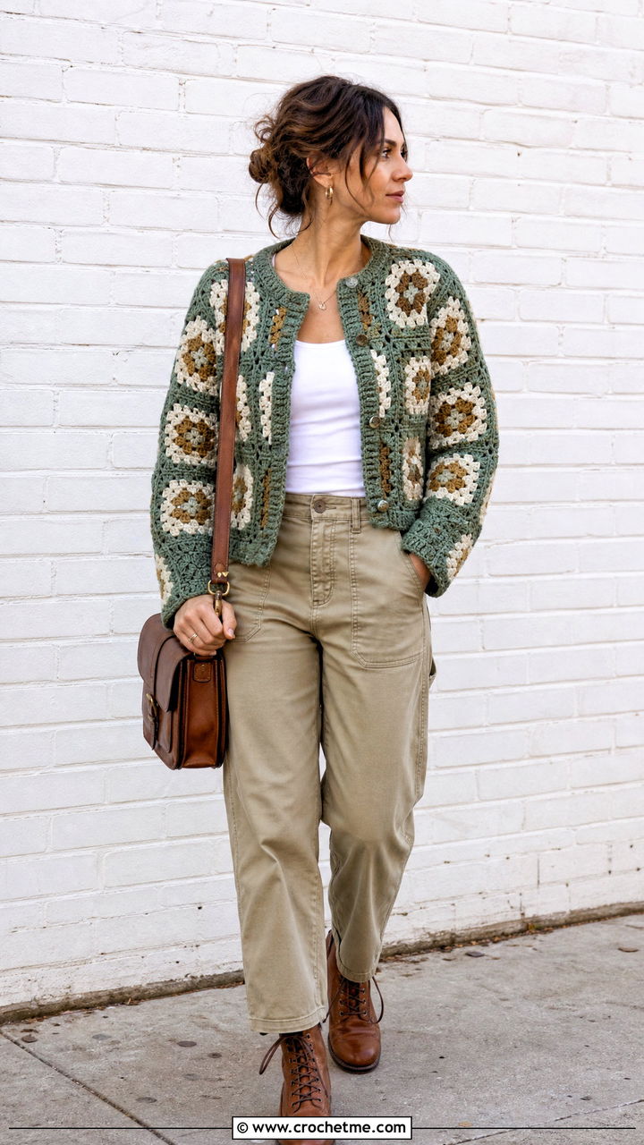 Granny Square Crochet Jacket With Utility Pants - 35 granny square crochet clothes and outfit ideas