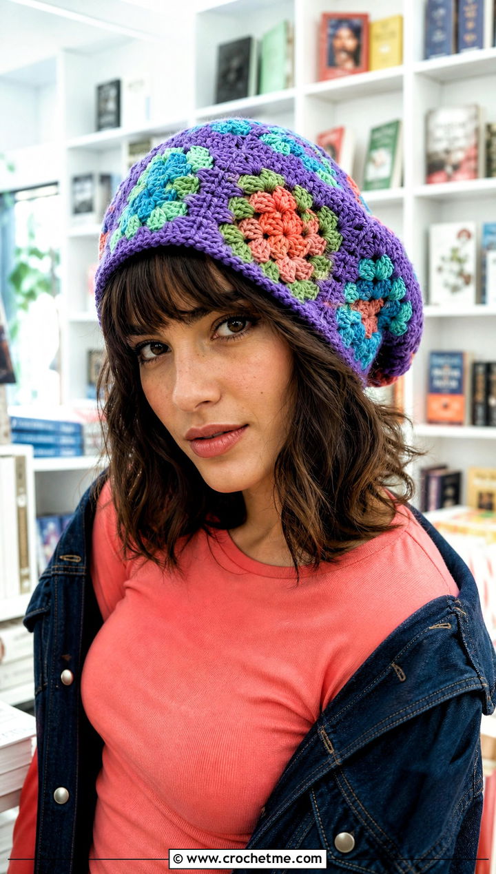Granny Square Crochet Jughead Beanie With Denim Skirt - 15 Crochet Jughead Beanie outfit ideas