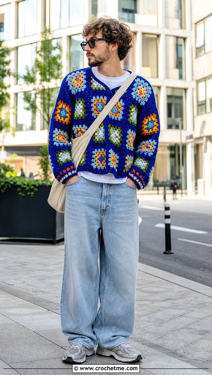 Granny Square Crochet Jumper With Baggy Jeans - 25 mens crochet jumper outfit ideas