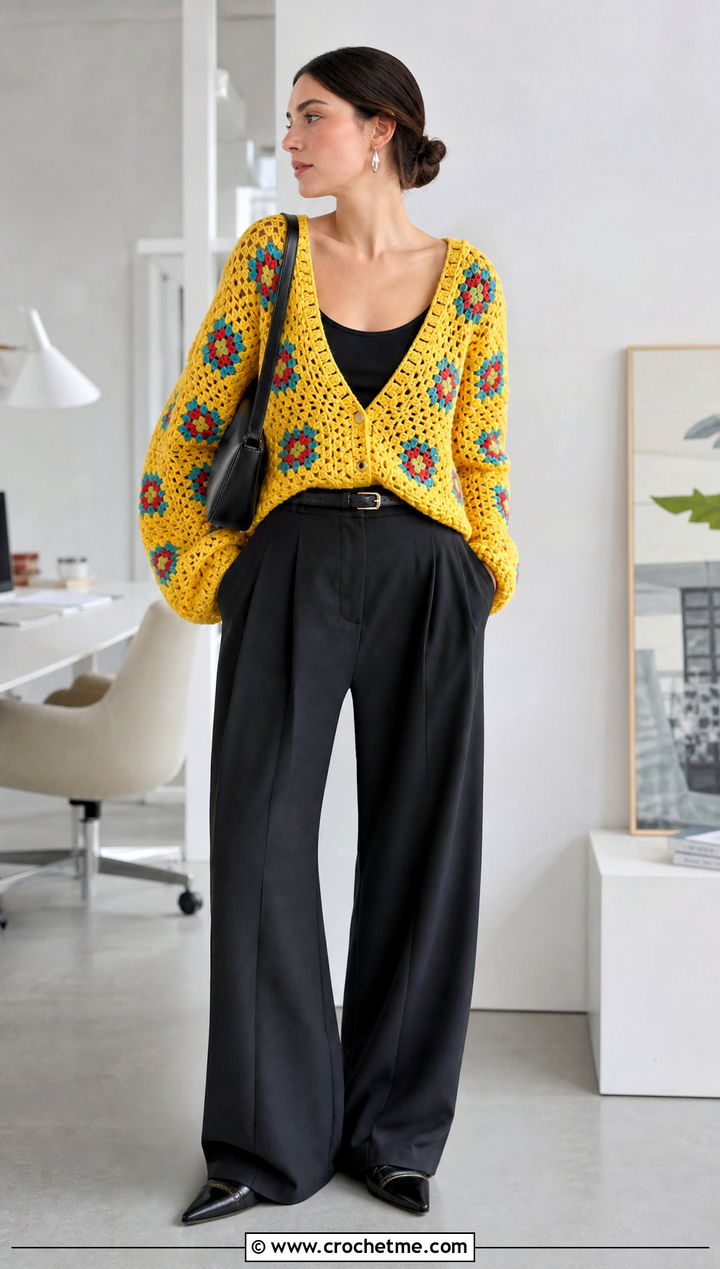 Granny Square Crochet Jumper With Black Trousers - 20 Beginner Crochet Jumper outfit ideas