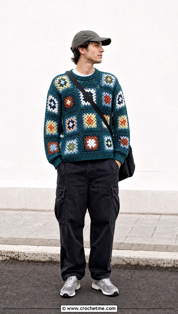 Granny Square Crochet Jumper With Cargo Pants - 35 men crochet jumper outfit ideas