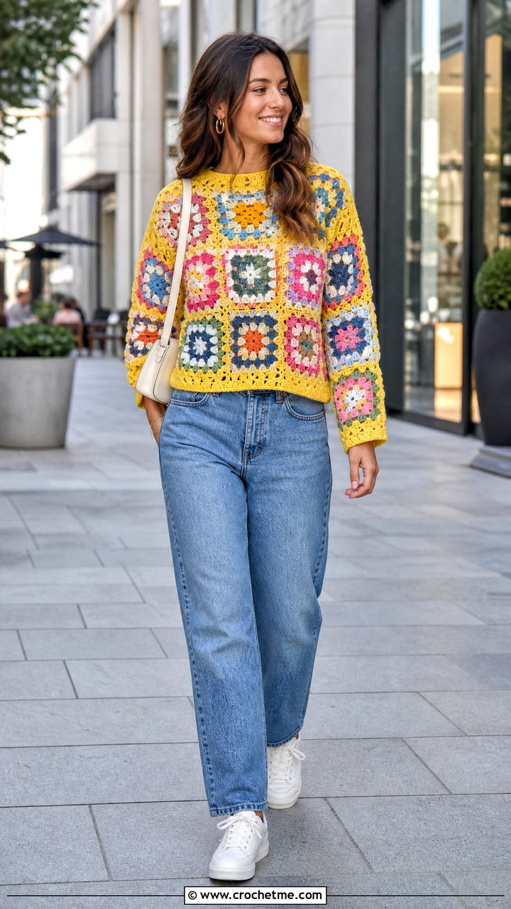 Granny Square Crochet Jumper With Straight Leg Jeans - 35 crochet jumper outfit ideas