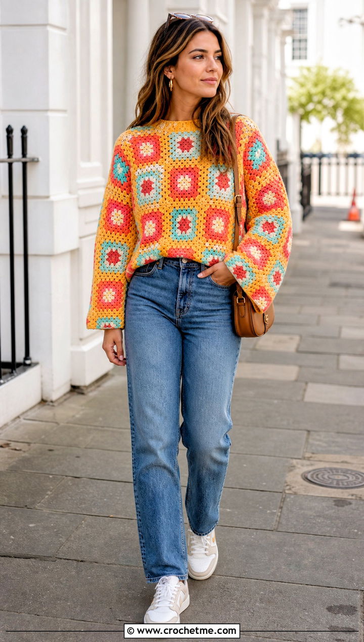Granny Square Crochet Jumper With Straight Leg Jeans - 35 easy crochet jumper outfit ideas