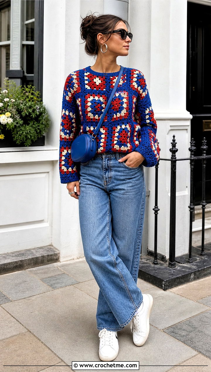 Granny Square Crochet Jumper With Straight Leg Jeans - 30 simple crochet jumper outfit ideas