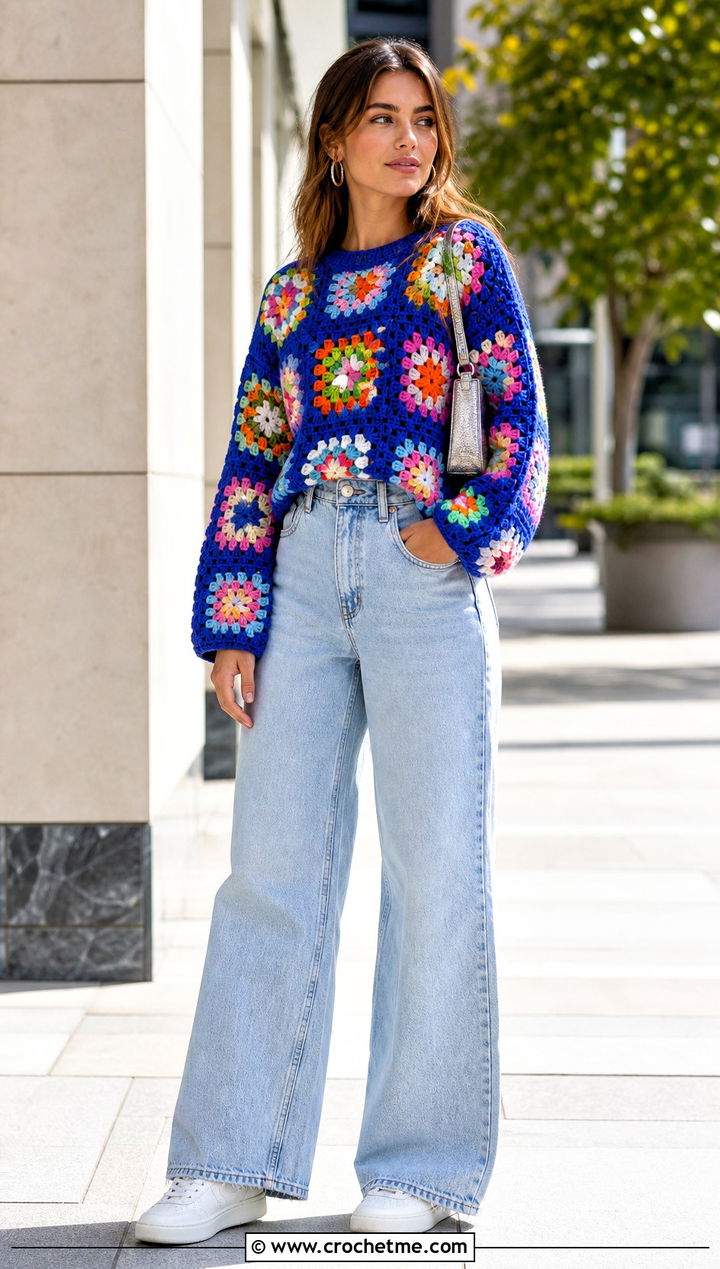 Granny Square Crochet Jumper With Wide Leg Jeans - 15 Ladies Crochet Jumper outfit ideas