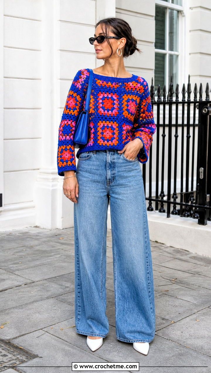 Granny Square Crochet Jumper With Wide Leg Jeans - 25 crochet jumper for women outfit ideas