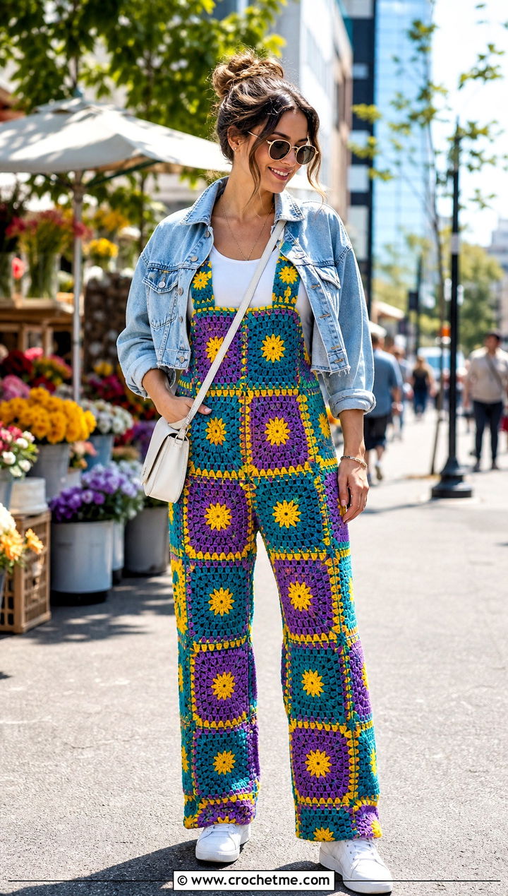 Granny Square Crochet Jumpsuit With Denim Jacket - 30 Women Crochet Jumpsuit outfit ideas