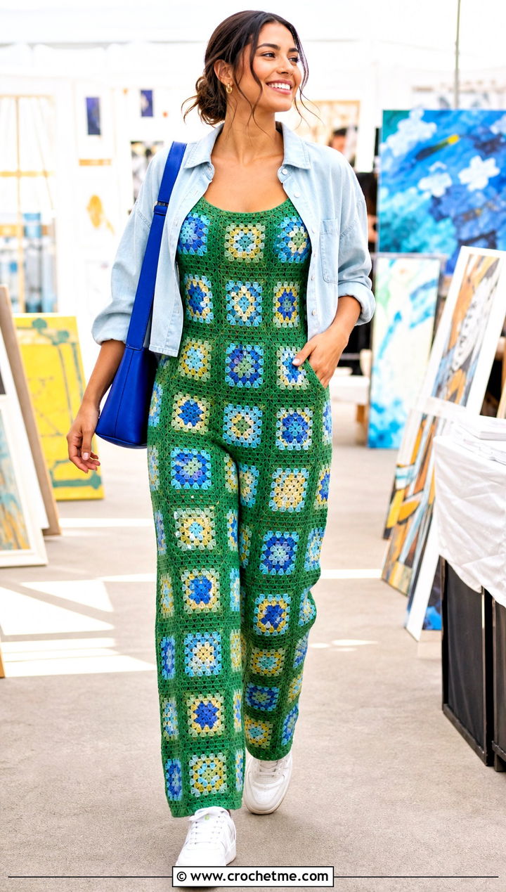 Granny Square Crochet Jumpsuit With White Sneakers - 30 crochet jumpsuit outfit ideas