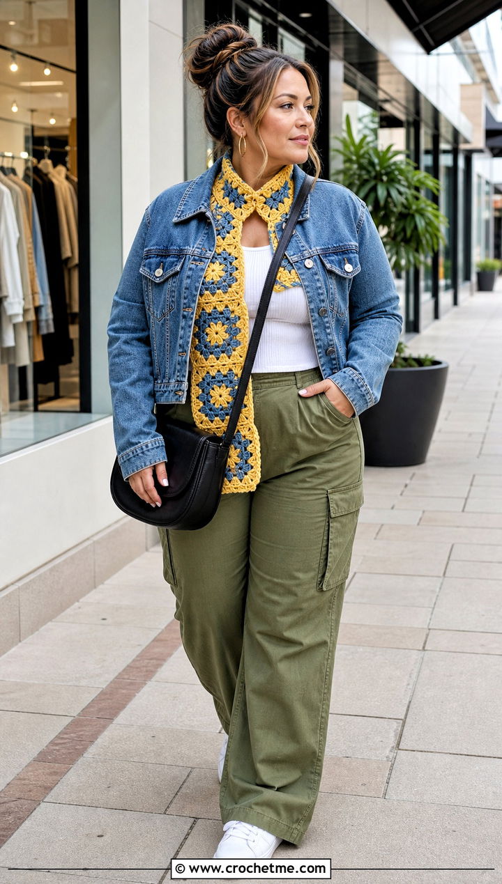 Granny Square Crochet Keyhole Scarf With Denim Jacket - 35 crochet keyhole scarf outfit ideas