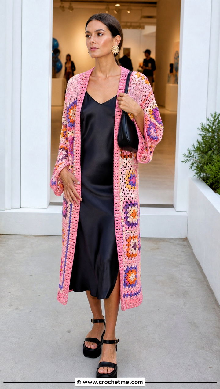 Granny Square Crochet Kimono Cardigan With Black Slip Dress - 35 crochet kimono cardigan outfit ideas