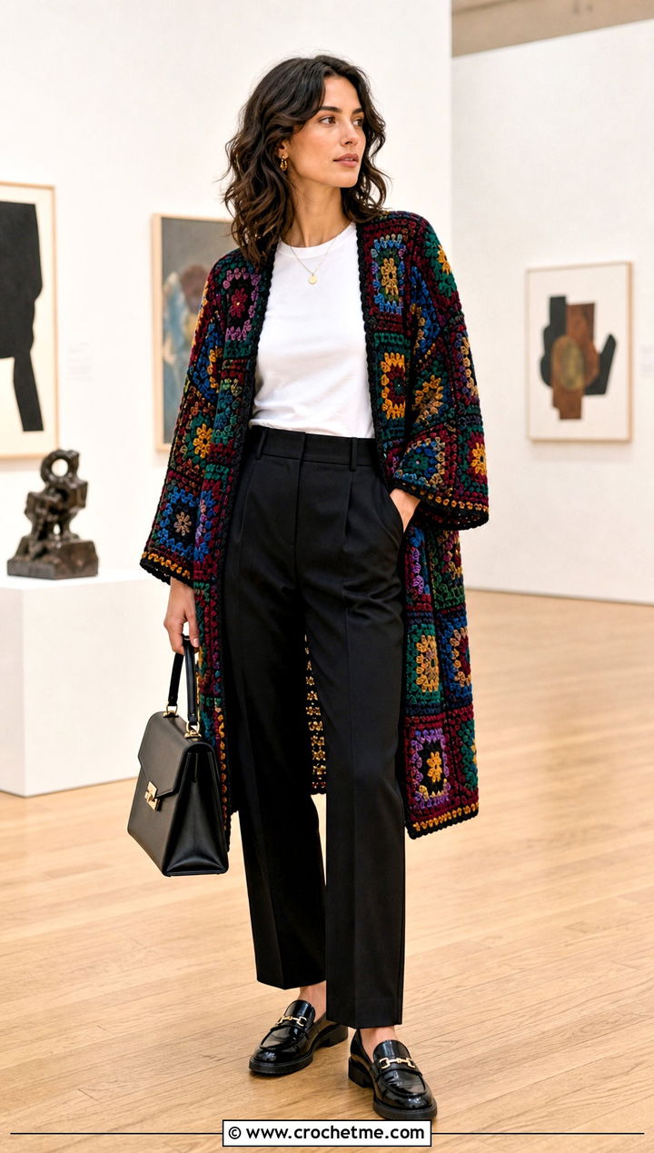 Granny Square Crochet Kimono With Black Trousers - 25 easy crochet kimono outfit ideas
