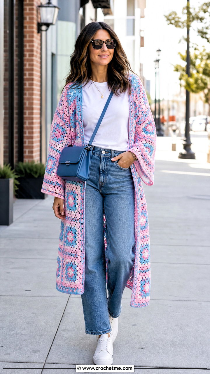 Granny Square Crochet Kimono With Straight Leg Jeans - 35 crochet kimono outfit ideas
