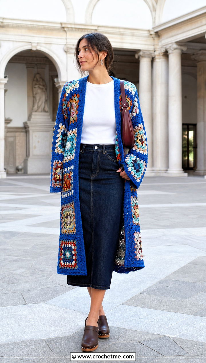 Granny Square Crochet Kimono With White Tee And Denim Skirt - 30 Boho Crochet Kimono outfit ideas