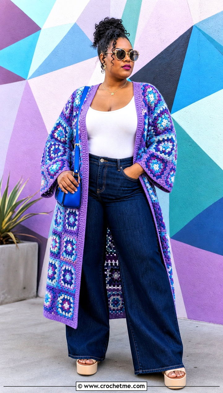 Granny Square Crochet Kimono With Wide Leg Jeans - 15 crochet kimono cover up outfit ideas