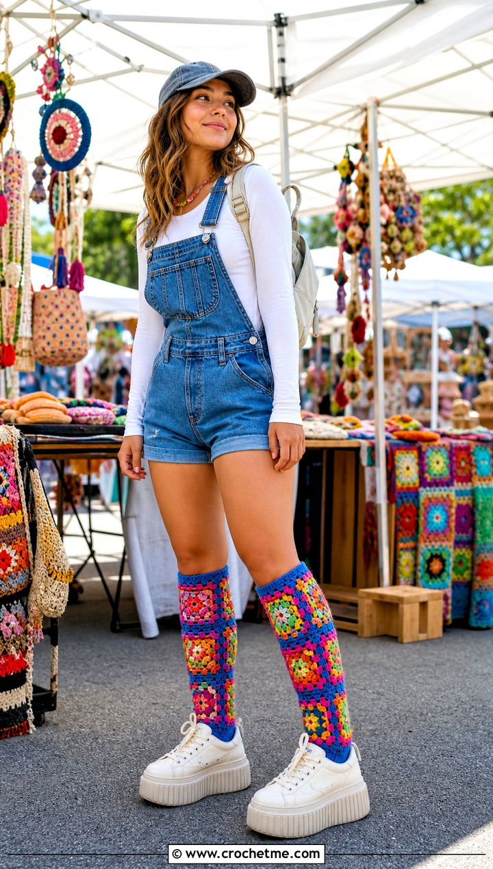 Granny Square Crochet Knee High Socks With Overalls - 35 crochet sock outfit ideas