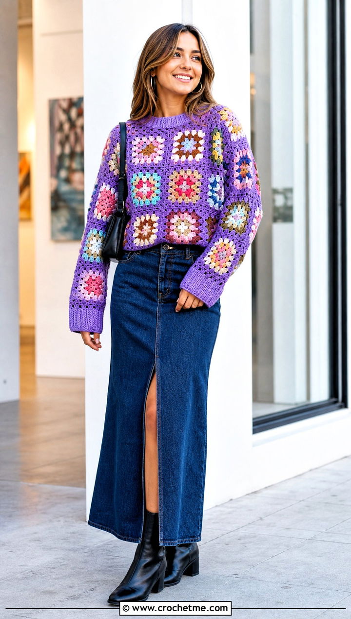 Granny Square Crochet Knit Sweater With Denim Skirt - 35 Crochet Knit Sweater outfit ideas