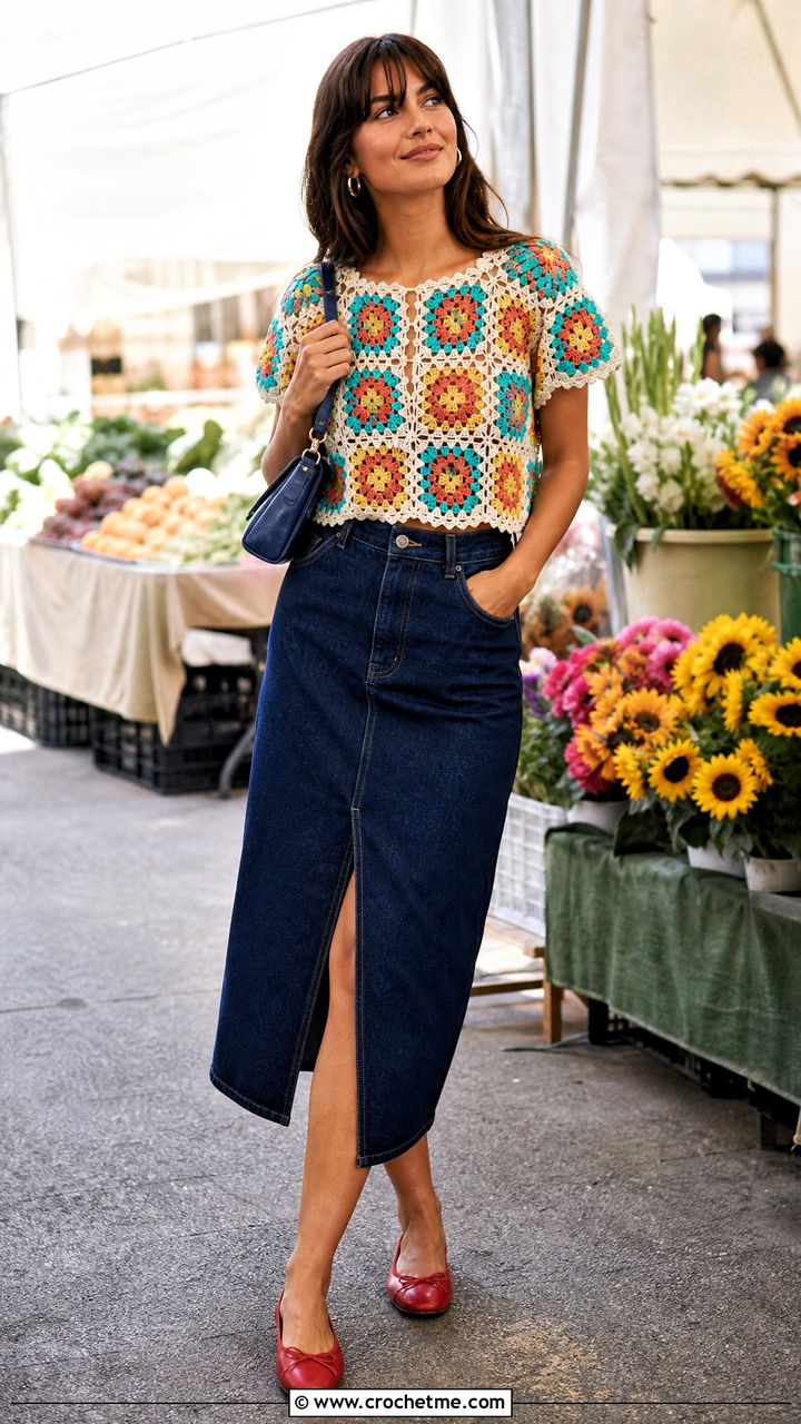 Granny Square Crochet Lace Blouse With Denim Midi Skirt - 35 crochet lace blouse outfit ideas