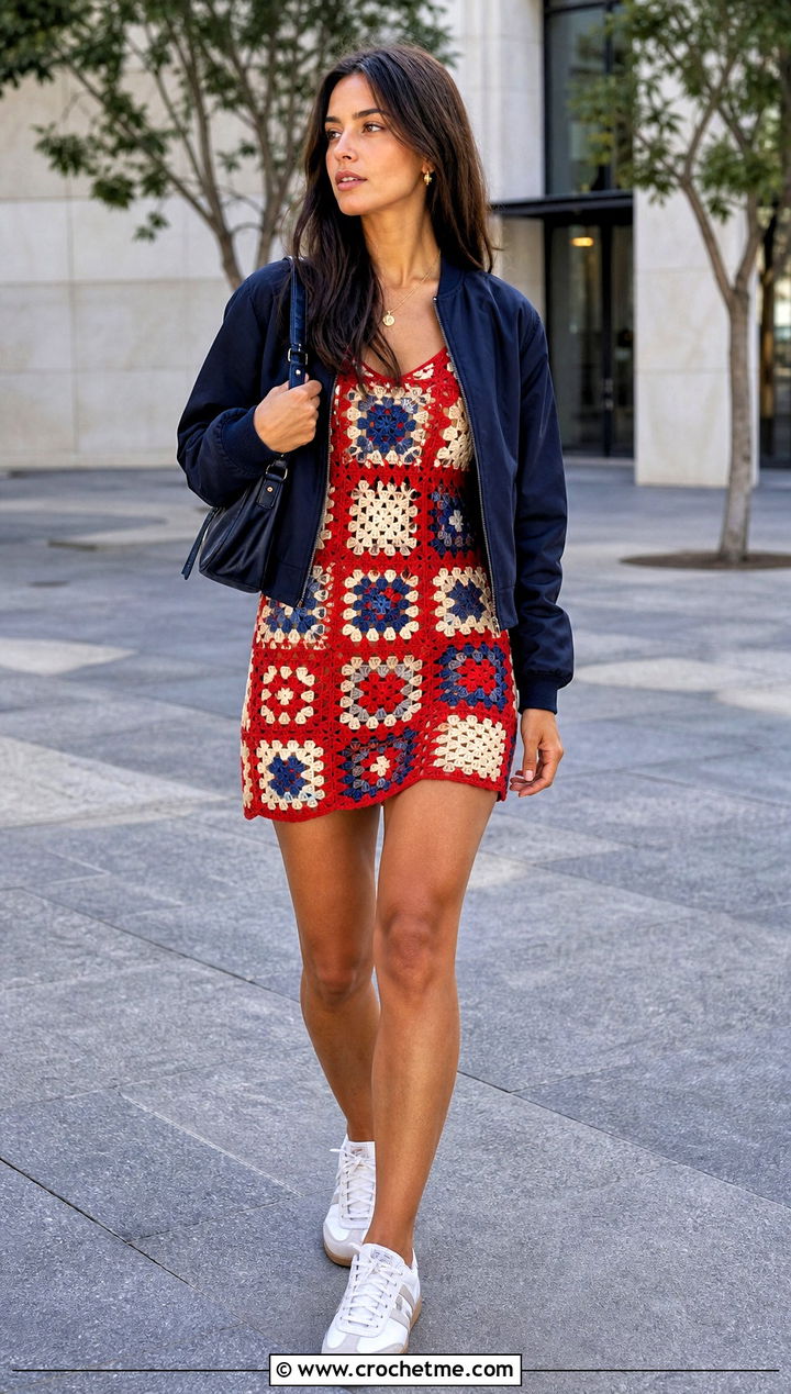Granny Square Crochet Lace Dress With Bomber Jacket And Sneakers - 15 crochet lace dress design outfit ideas