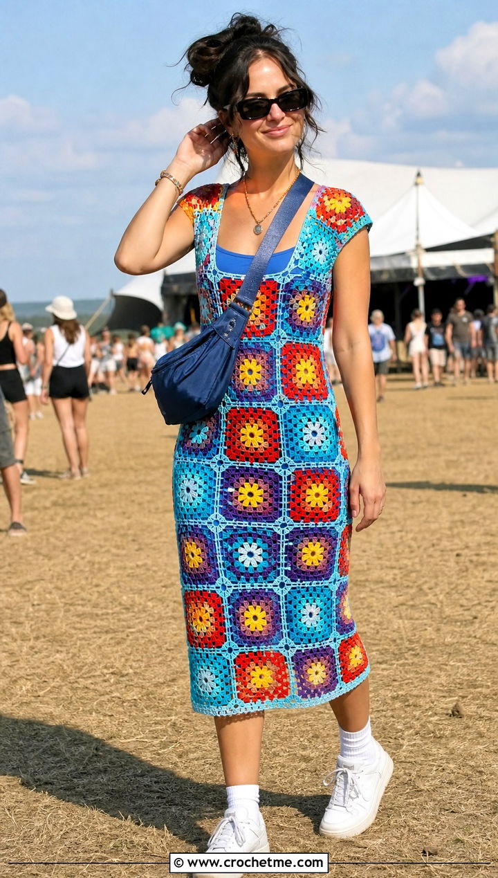 Granny Square Crochet Lace Dress With White Sneakers - 35 Crochet Lace Dress outfit ideas