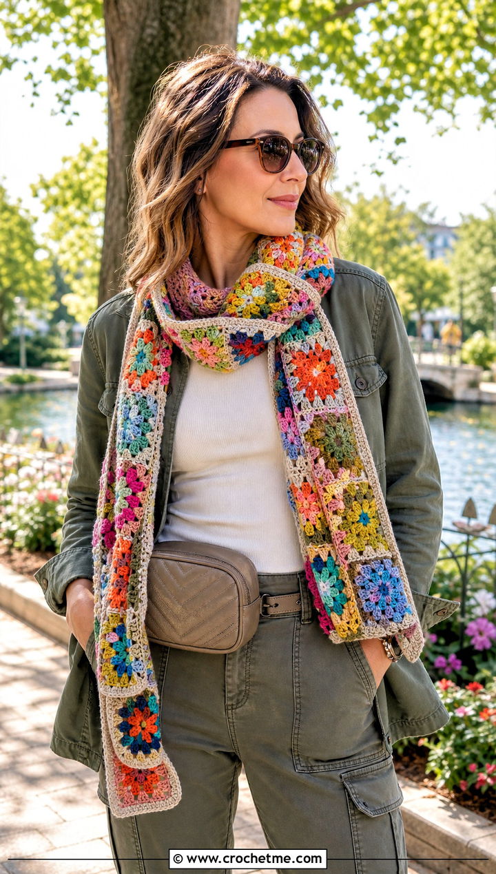 Granny Square Crochet Lace Scarf With Utility Jacket And Cargo Pants - 30 easy crochet lace scarf outfit ideas