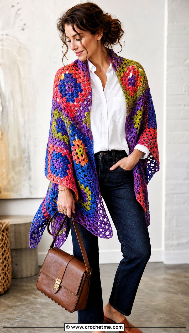 Granny Square Crochet Lace Shawl With A White Shirt - 30 easy crochet lace shawl outfit ideas