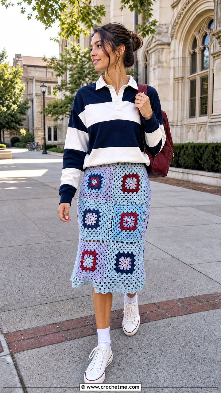 Granny Square Crochet Lace Skirt With Rugby Shirt - 35 crochet lace skirt outfit ideas