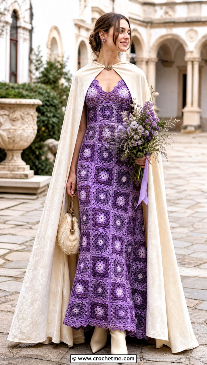 Granny Square Crochet Lace Wedding Dress With Velvet Cape - 15 Vintage Crochet Lace Wedding Dress outfit ideas