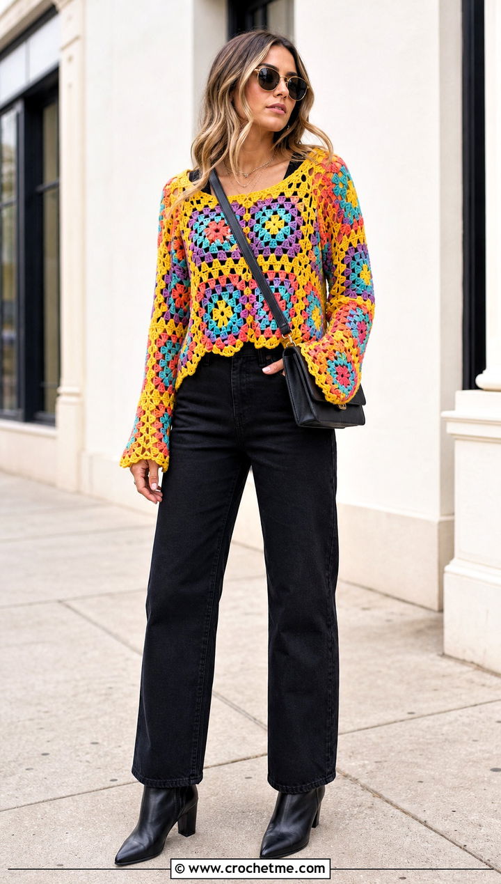 Granny Square Crochet Lacy Sweater With Black Denim - 25 crochet lacy sweater outfit ideas