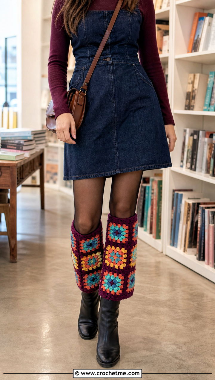 Granny Square Crochet Leg Warmers With Denim Dress - 20 Chunky Yarn Crochet Leg Warmers outfit ideas