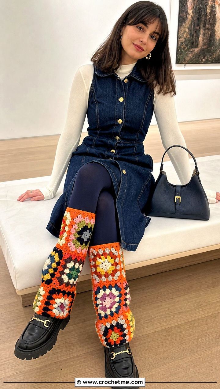 Granny Square Crochet Leg Warmers With Denim Dress And Loafers - 25 Crochet Legwarmer outfit ideas