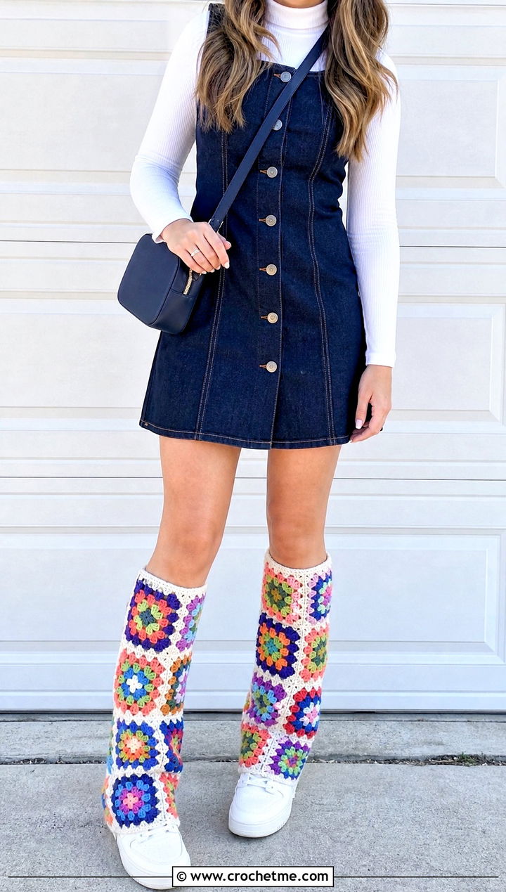 Granny Square Crochet Leg Warmers With Denim Dress - 30 crochet leg warmers ideas