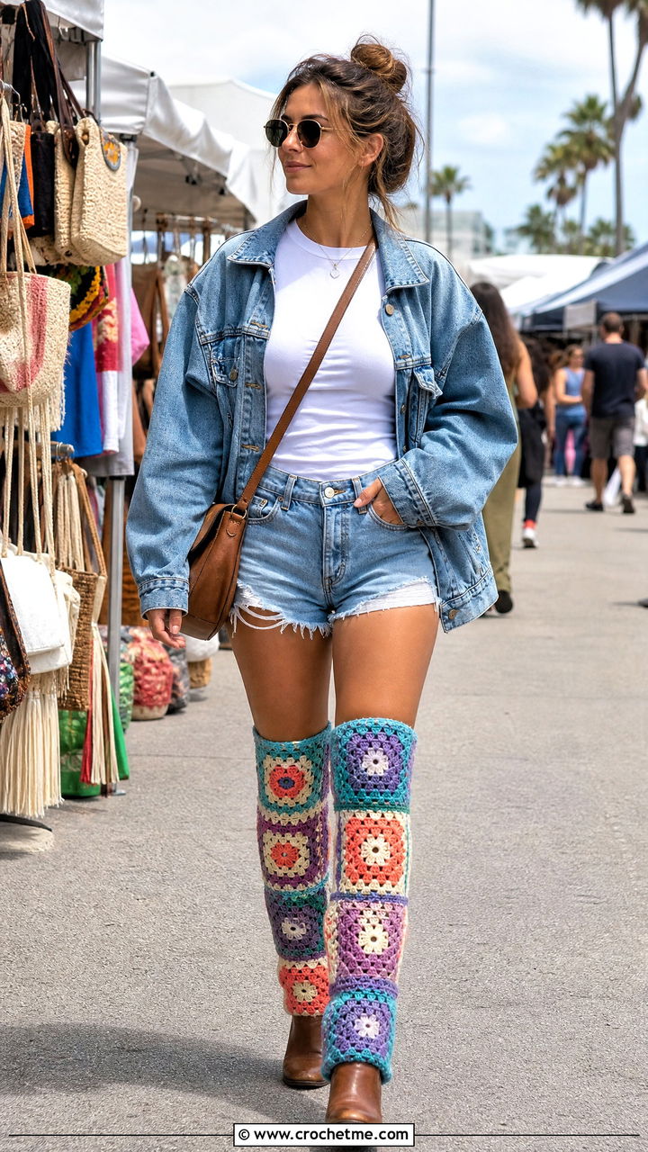 Granny Square Crochet Leg Warmers With Denim Jacket And Shorts - 35 crochet leg warmer outfit ideas