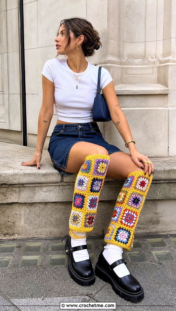 Granny Square Crochet Leg Warmers With Denim Mini Skirt - 30 cute crochet leg warmers outfit ideas