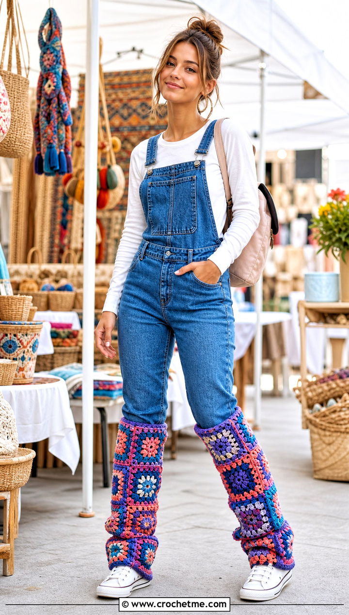 Granny Square Crochet Leg Warmers With Denim Overalls - 25 diy crochet leg warmers outfit ideas