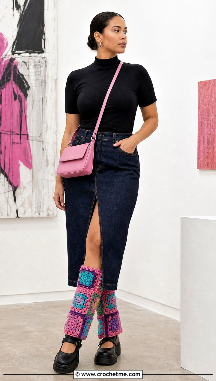 Granny Square Crochet Leg Warmers With Denim Skirt - 15 Crochet Clothes Leg Warmers outfit ideas