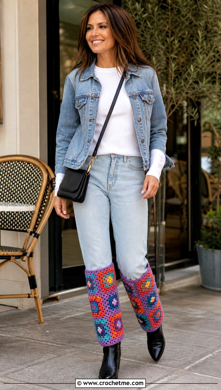 Granny Square Crochet Leg Warmers With Straight Jeans - 35 Easy Crochet Leg Warmers outfit ideas