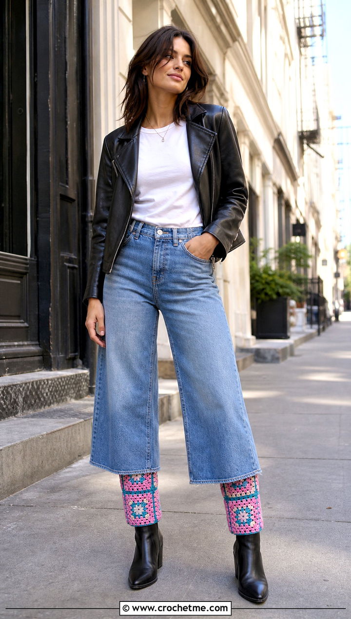 Granny Square Crochet Leg Warmers With Wide Leg Jeans - 30 aesthetic crochet leg warmers outfit ideas