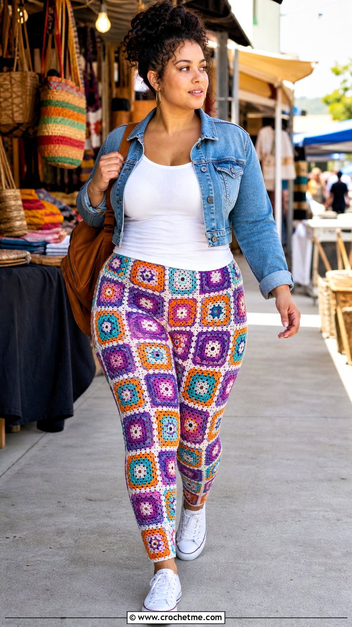 Granny Square Crochet Leggings With Denim Jacket - 35 crochet leggings outfit ideas