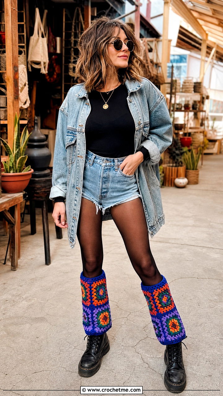 Granny Square Crochet Legwarmers With Denim Shorts And Boots - 35 crochet legwarmers outfit ideas