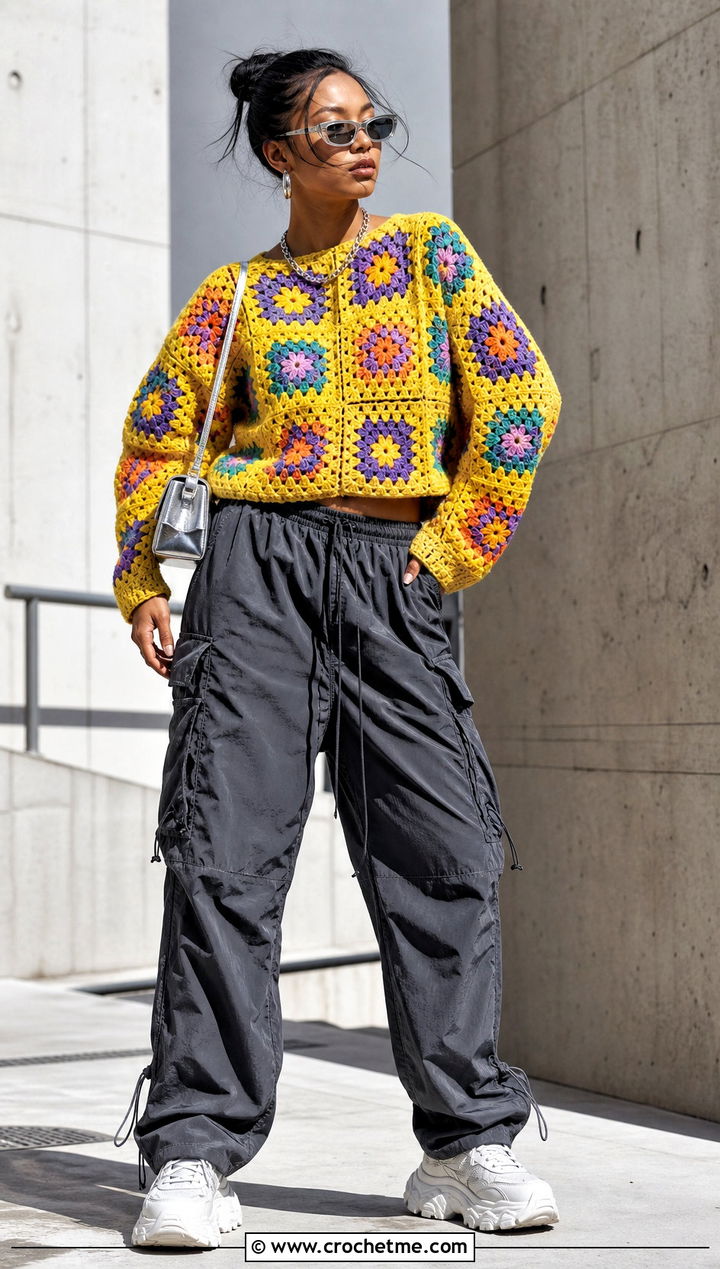 Granny Square Crochet Lemon Sweater With Parachute Pants - 25 Crochet Lemon Sweater outfit ideas
