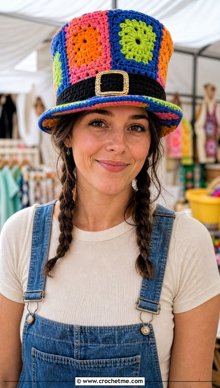 Granny Square Crochet Leprechaun Top Hat With Overalls - 20 Crochet Leprechaun Hat outfit ideas