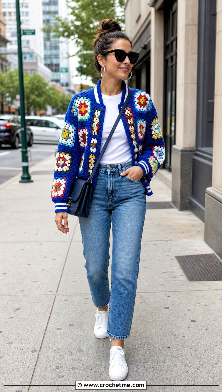 Granny Square Crochet Letterman Jacket With Straight Leg Jeans - 30 crochet letterman jacket outfit ideas