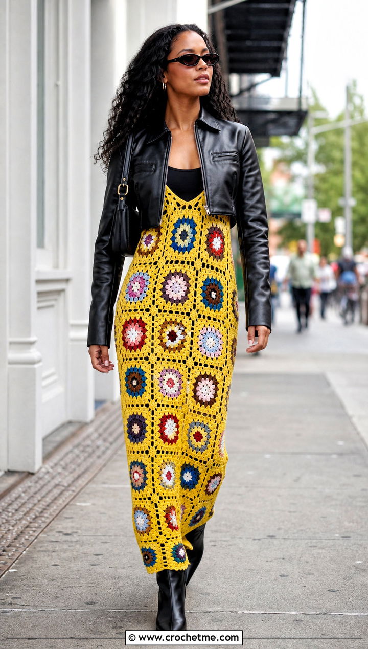 Granny Square Crochet Long Dress With Leather Jacket - 25 Crochet Long Dresses outfit ideas