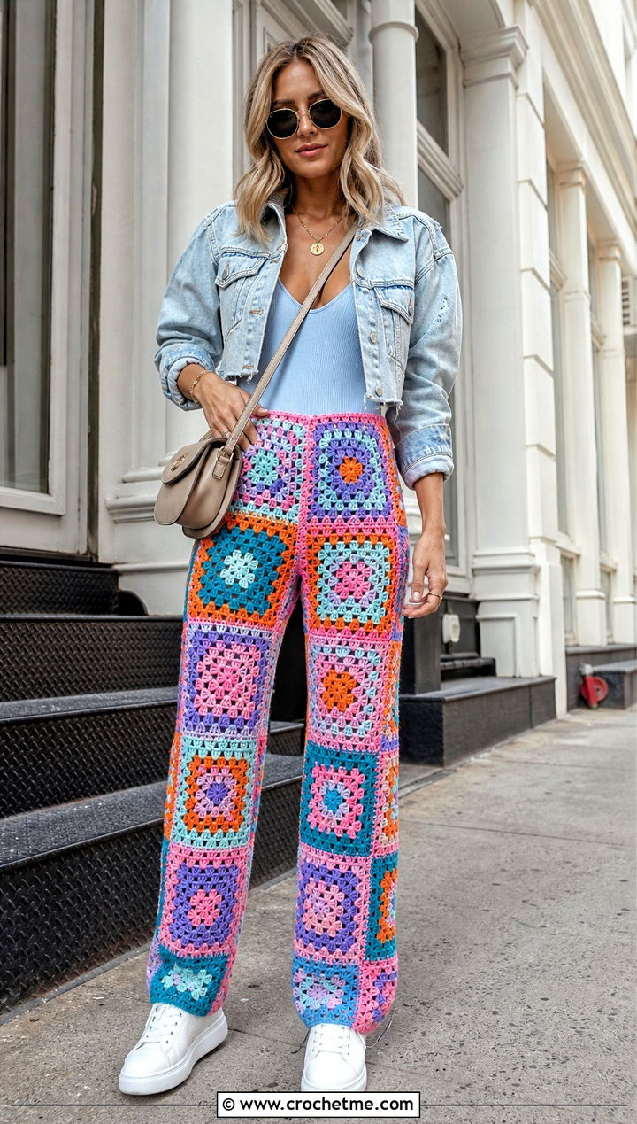 Granny Square Crochet Long Pants With Denim Jacket - 30 Crochet Long Pants outfit ideas