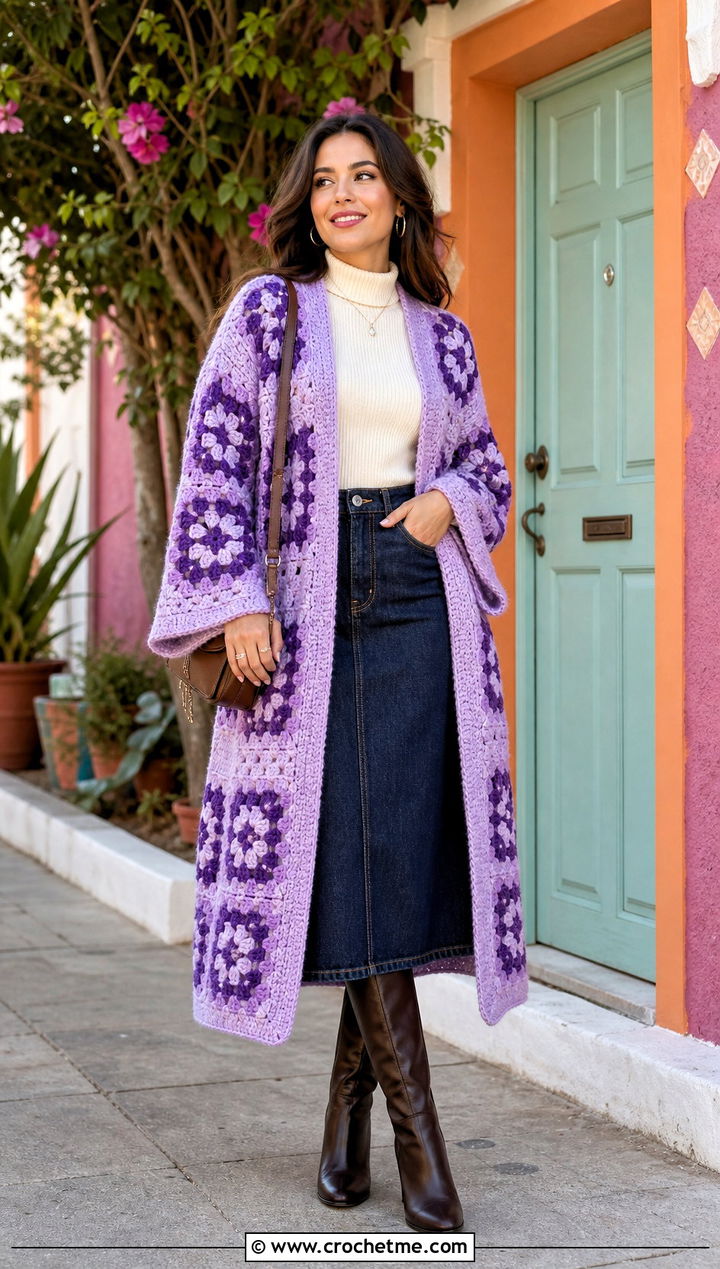 Granny Square Crochet Long Poncho With Denim Skirt - 15 Crochet Long Poncho outfit ideas